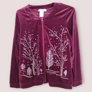 Seventh Avenue Womens Jacket Sz Medium Burgundy Velour Zip Winter Holiday Granny